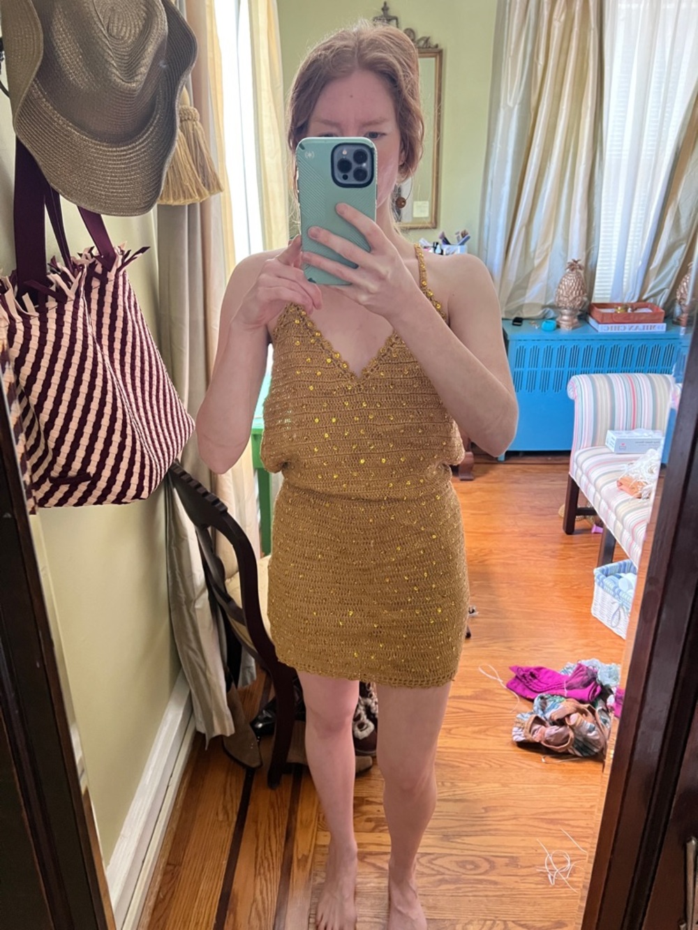 Chasing Unicorns Mustard Yellow Crochet Mini Dress
